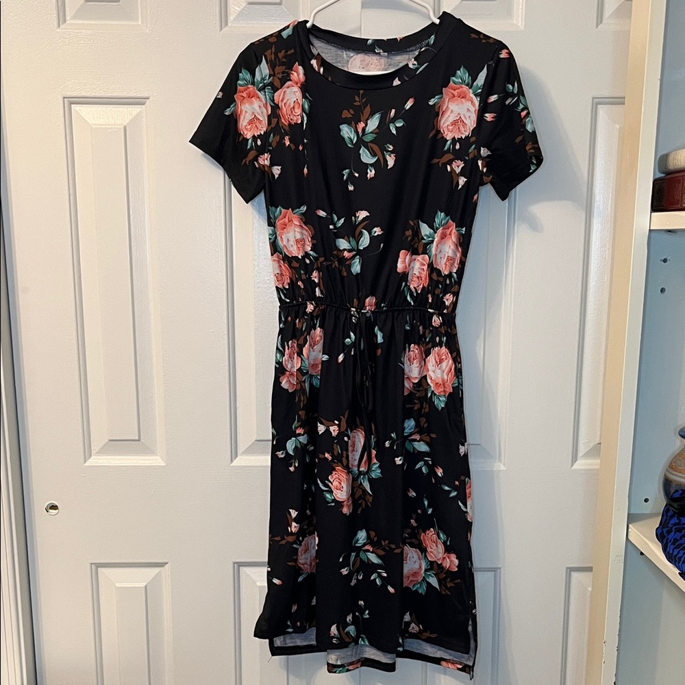 Black Floral Short‎ Sleeve Dress Tie Waist Casual Size S